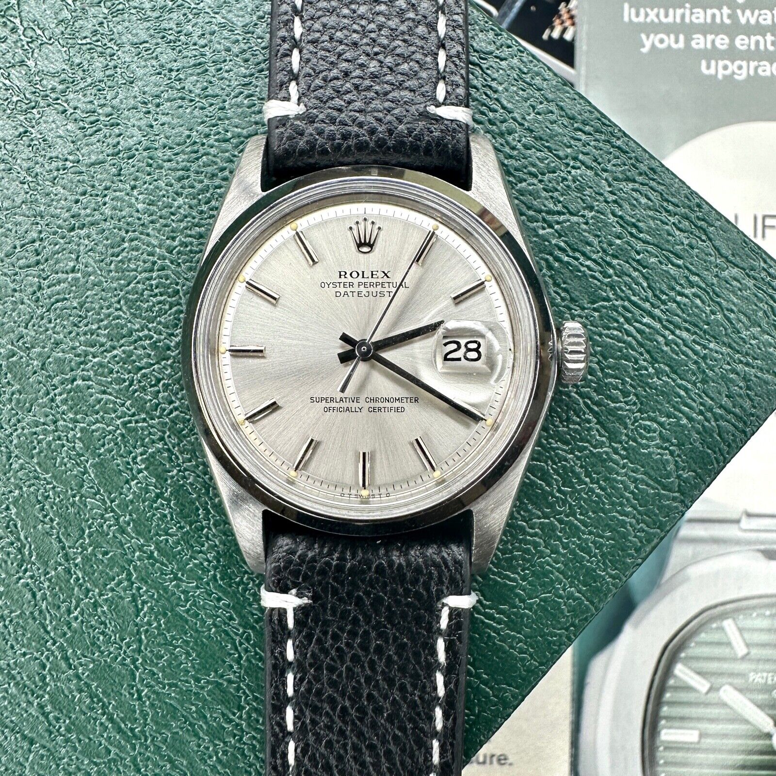 ROLEX DATEJUST SILVER "SIGMA" INDEX DIAL BLACK LEATHER WATCH 1601 - Luxuriant Concierge