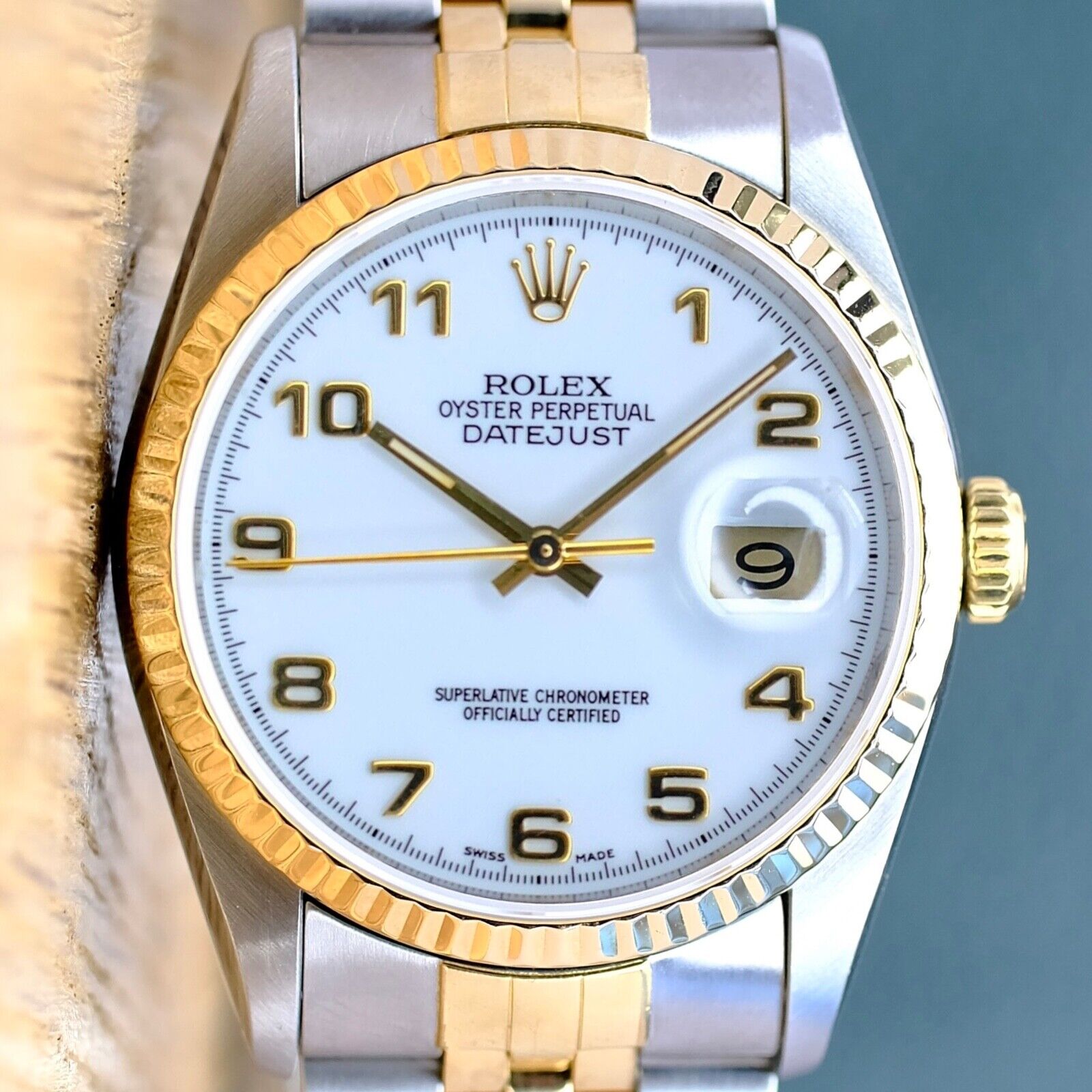 ROLEX DATEJUST WHITE ARABIC DIAL 18K GOLD & STEEL JUBILEE 16233 BOX&PAPER - Luxuriant Concierge