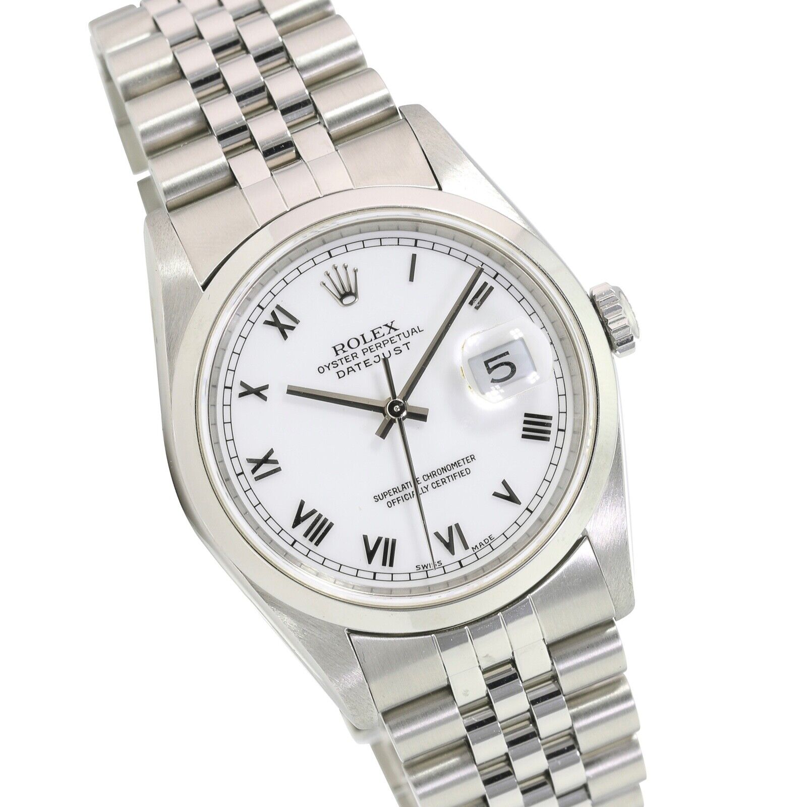 ROLEX DATEJUST WHITE SKINNY ROMAN DIAL JUBILEE WATCH 16200 BOX&PAPER - Luxuriant Concierge