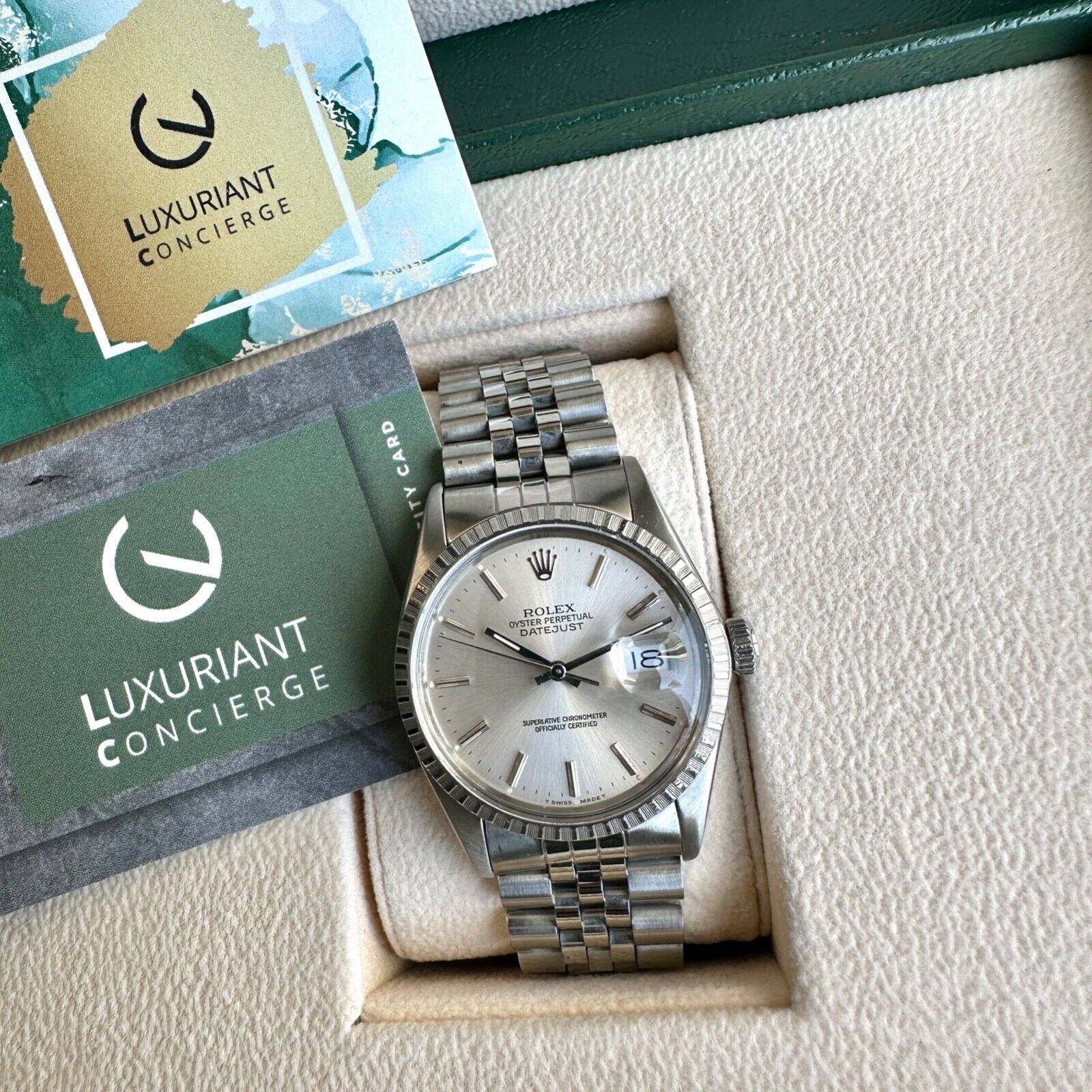 ROLEX DATEJUST SILVER INDEX DIAL JUBILEE WATCH 16030 - Luxuriant Concierge