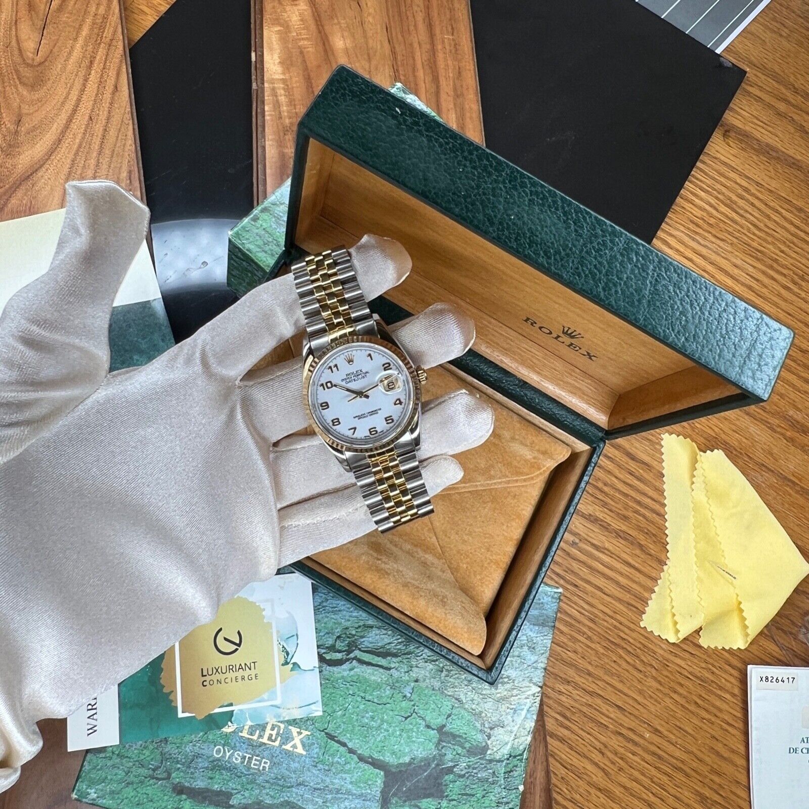 ROLEX DATEJUST WHITE ARABIC DIAL 18K GOLD & STEEL JUBILEE 16233 BOX&PAPER - Luxuriant Concierge