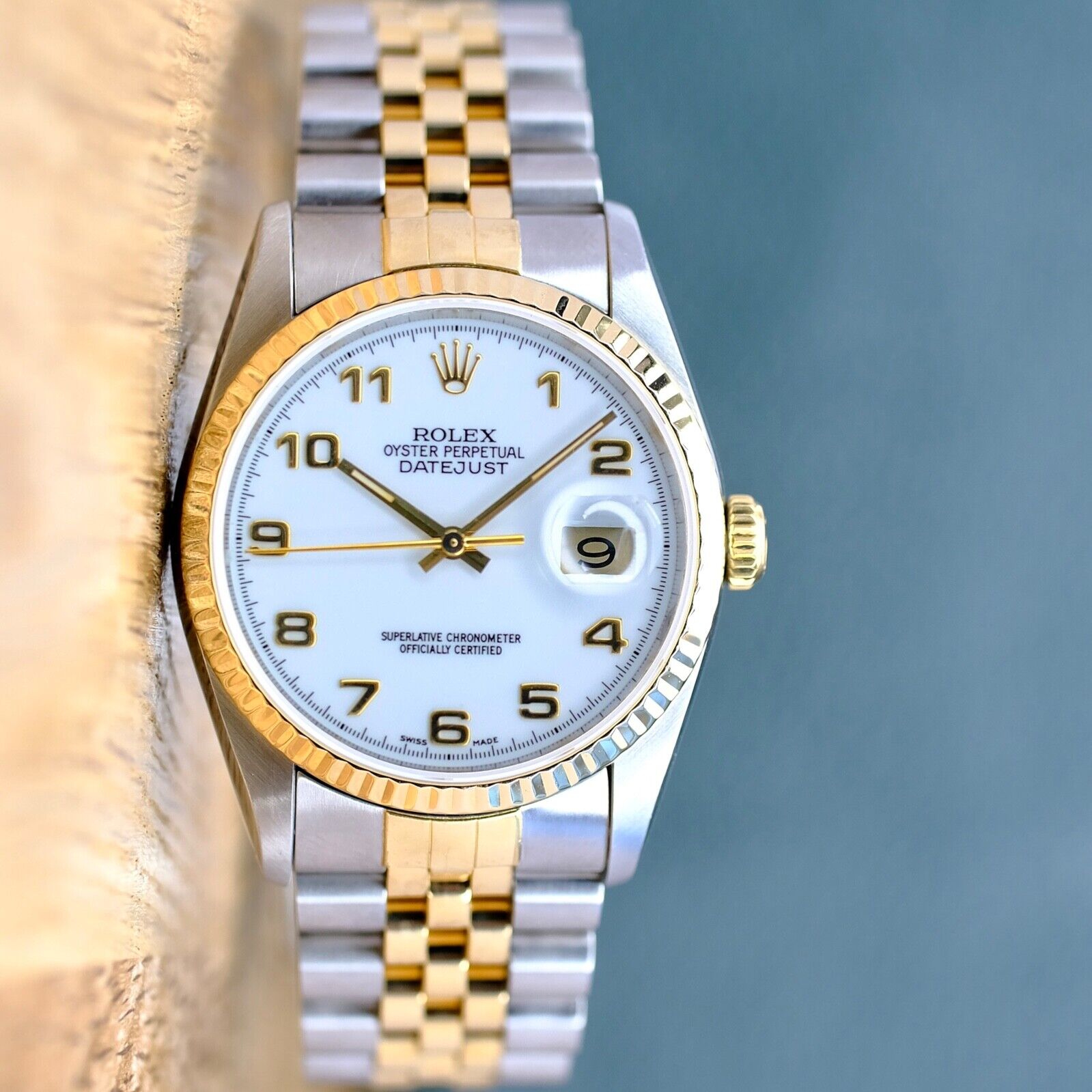 ROLEX DATEJUST WHITE ARABIC DIAL 18K GOLD & STEEL JUBILEE 16233 BOX&PAPER - Luxuriant Concierge