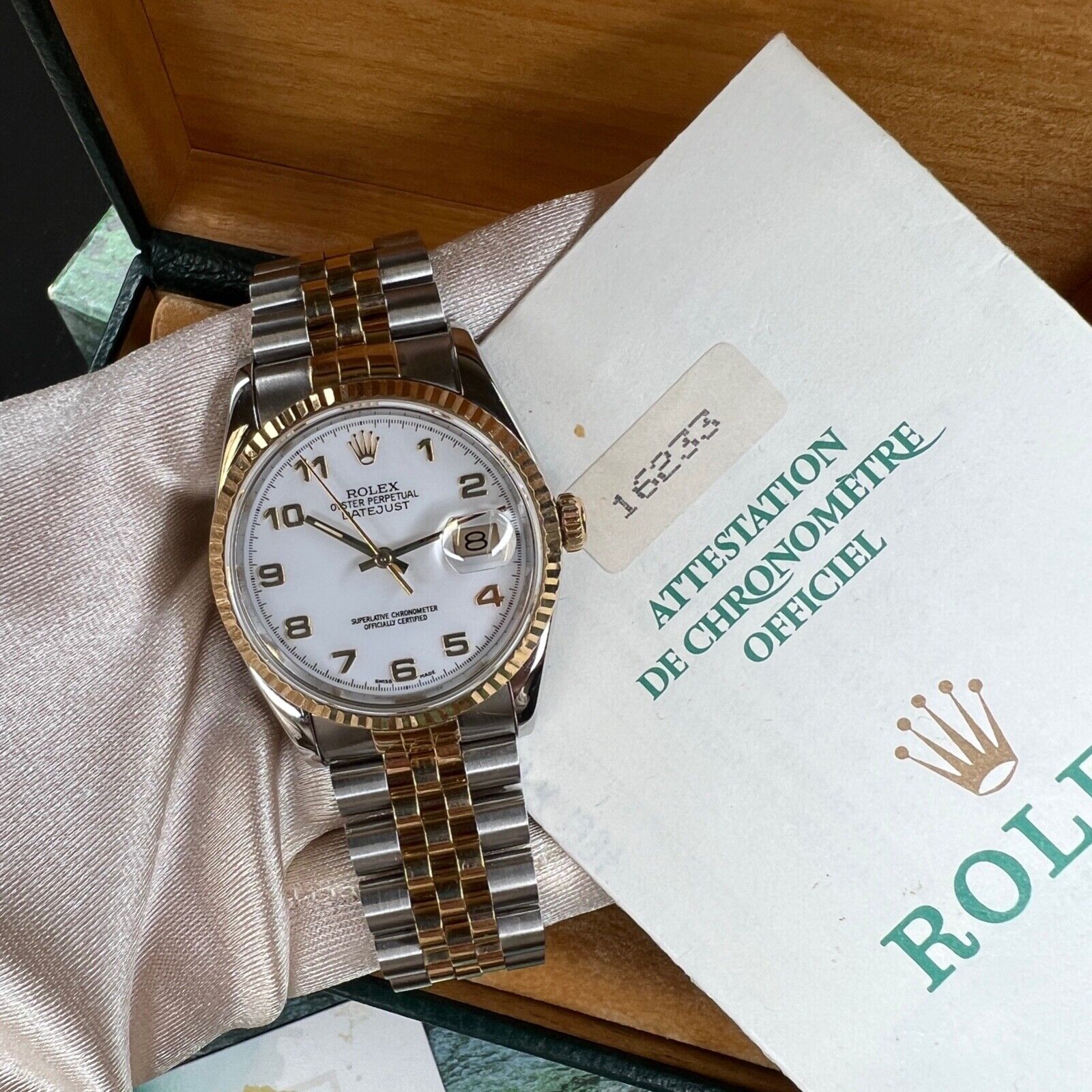 ROLEX DATEJUST WHITE ARABIC DIAL 18K GOLD & STEEL JUBILEE 16233 - Luxuriant Concierge