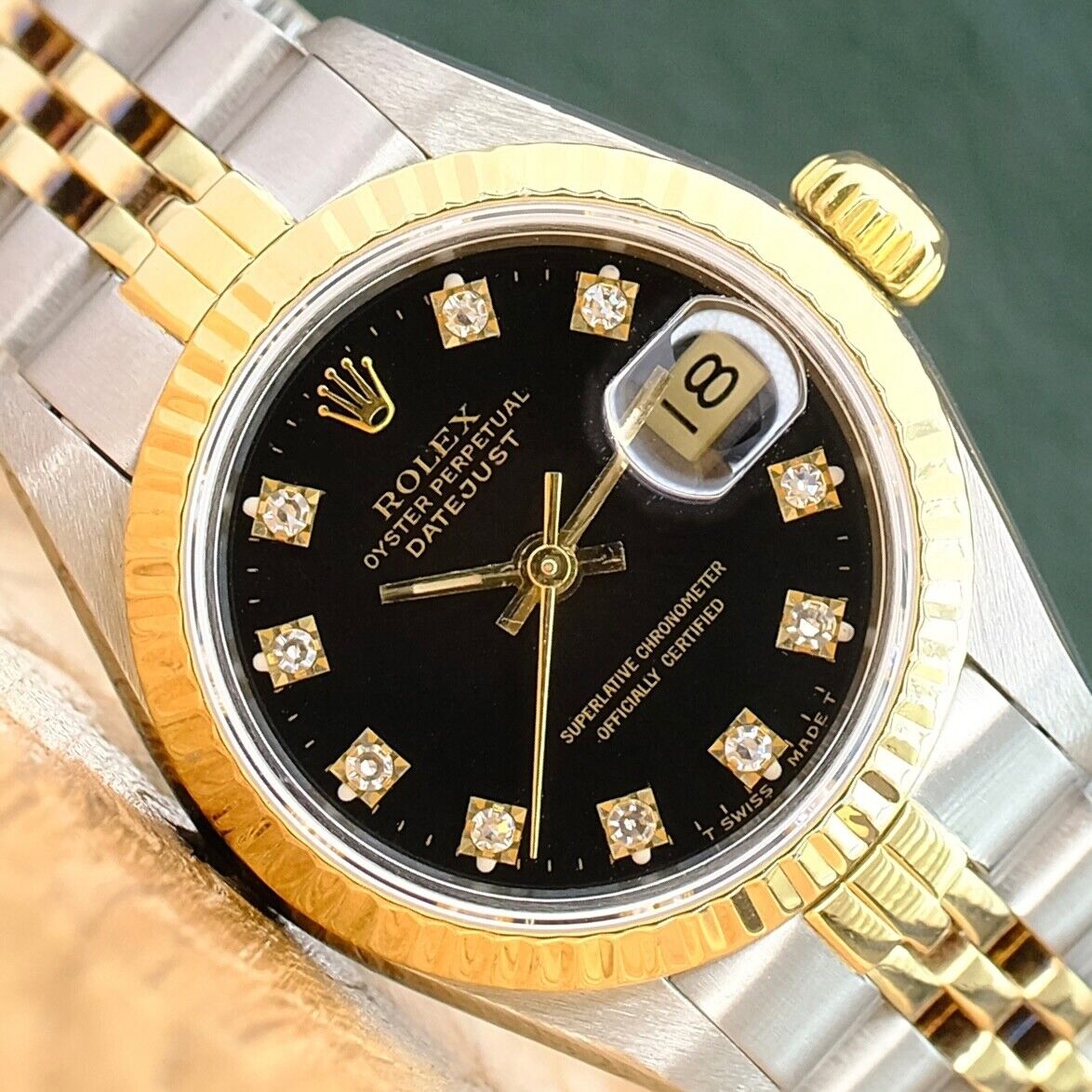 ROLEX DATEJUST BLACK DIAMOND DIAL 18K GOLD & STEEL JUBILEE WATCH 69173 - Luxuriant Concierge