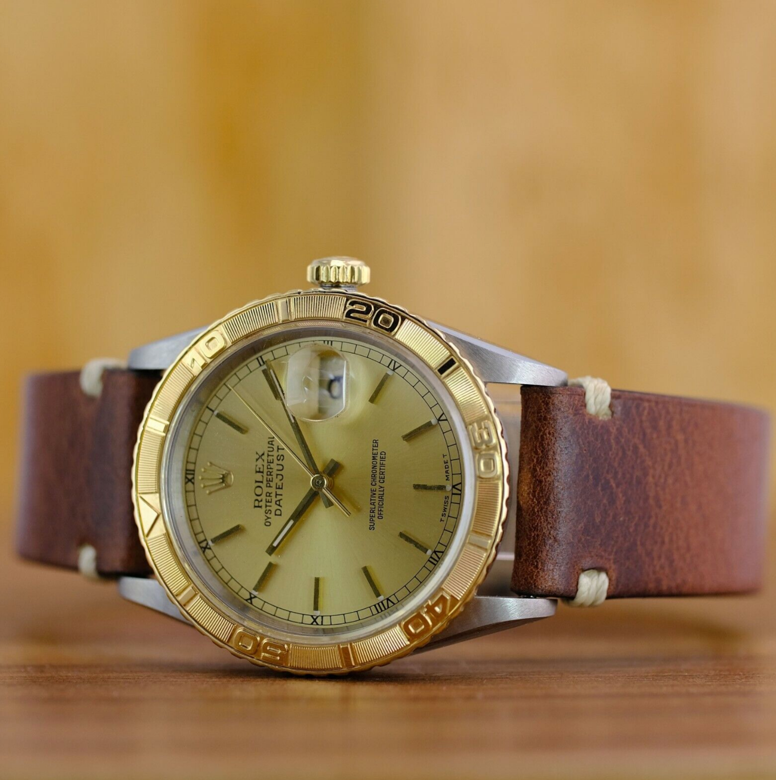 ROLEX DATEJUST CHAMPAGNE INDEX DIAL BROWN LEATHER 16263 - Luxuriant Concierge