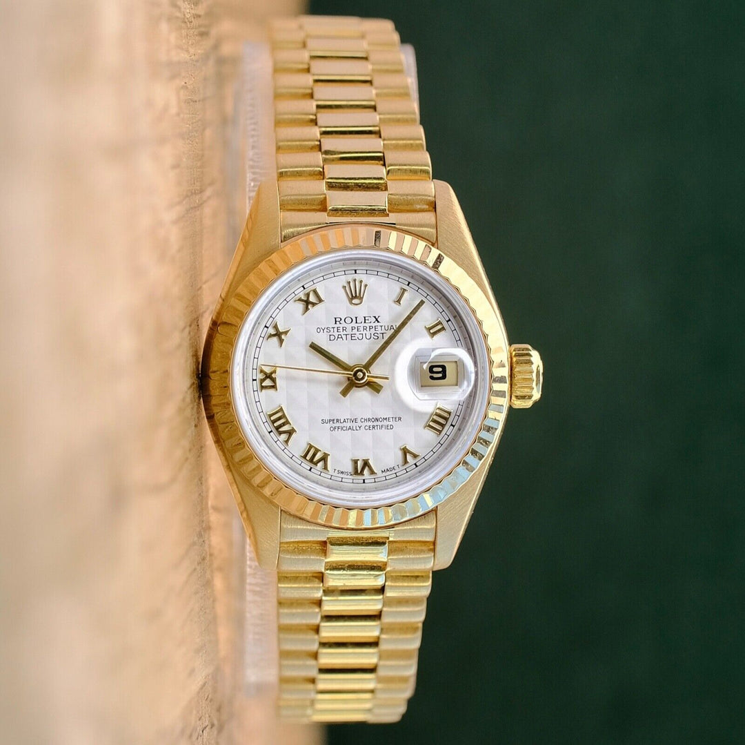 ROLEX DATEJUST CREAM PYRAMID ROMAN DIAL 18K YELLOW GOLD PRESIDENT 69178 - Luxuriant Concierge