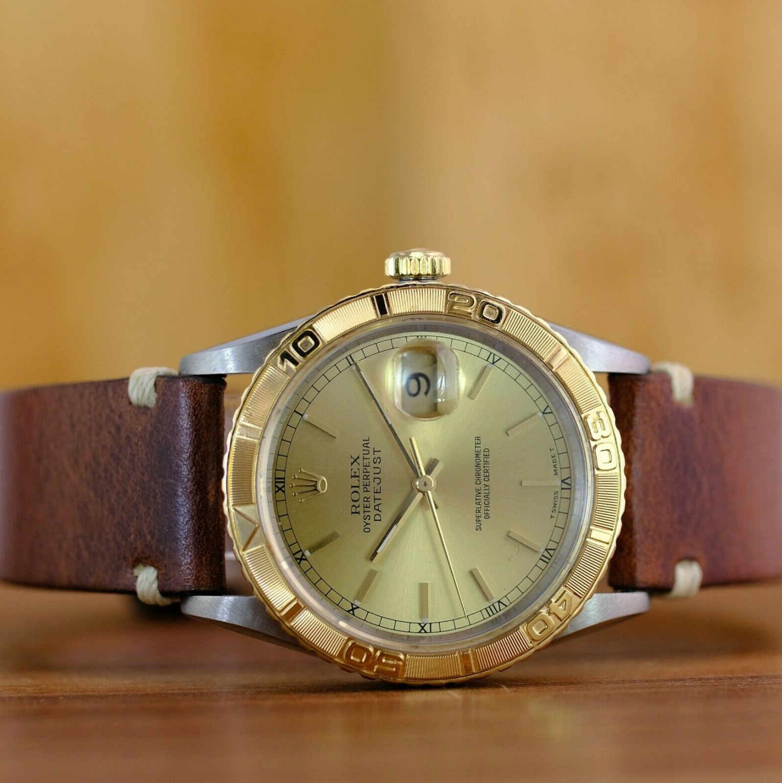 ROLEX DATEJUST CHAMPAGNE INDEX DIAL BROWN LEATHER 16263 - Luxuriant Concierge