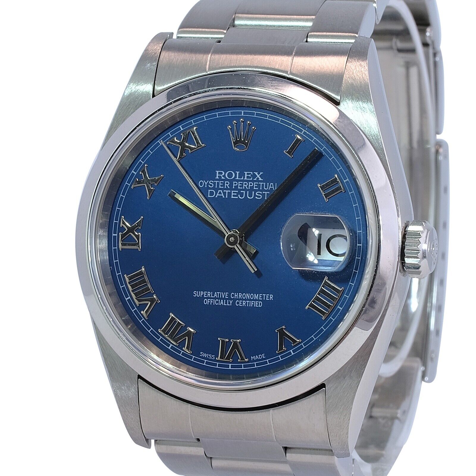 Rolex Mens Datejust 16200 Stainless Steel Blue Roman Oyster Band 36mm Watch - luxuriantconcierge