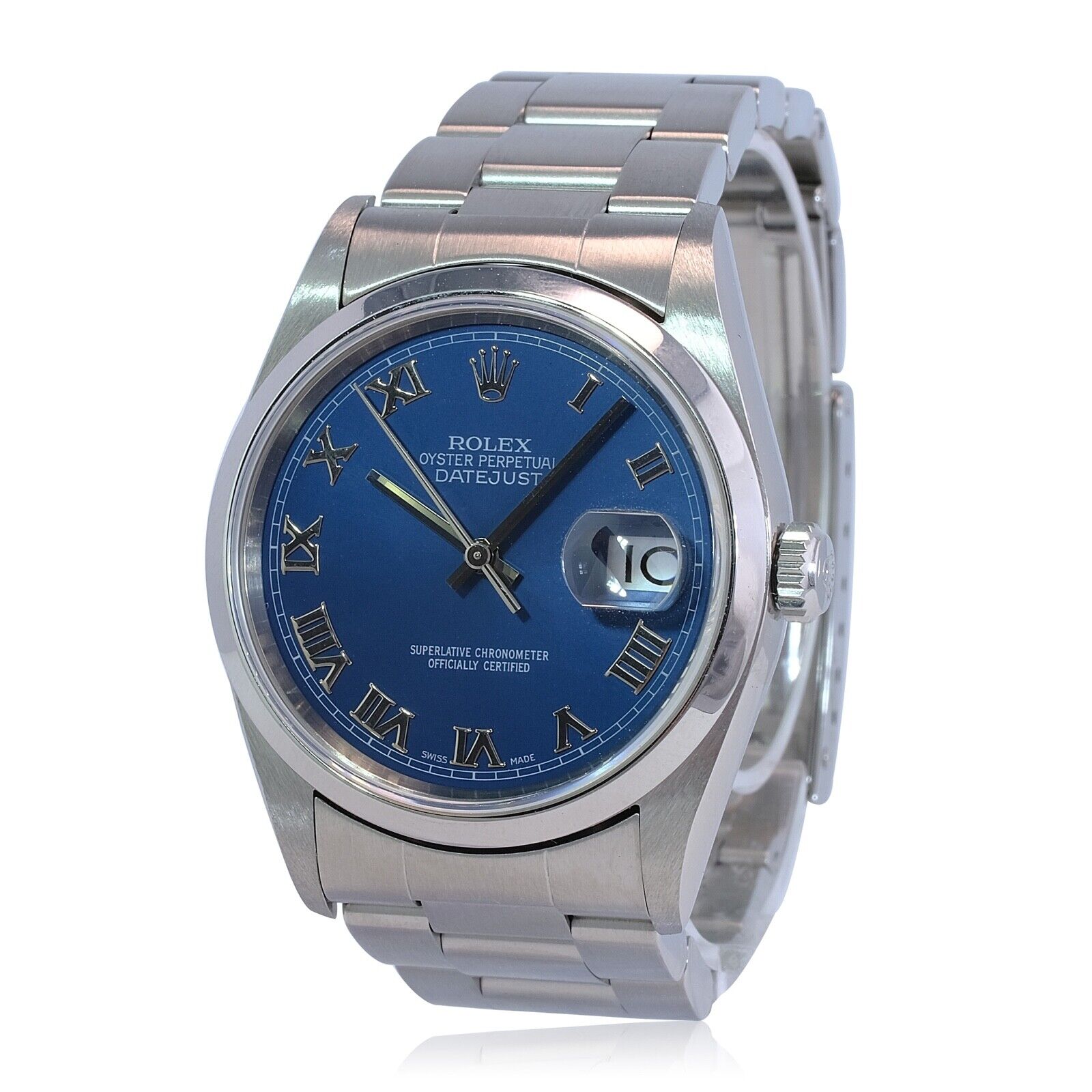 Rolex Mens Datejust 16200 Stainless Steel Blue Roman Oyster Band 36mm Watch - luxuriantconcierge