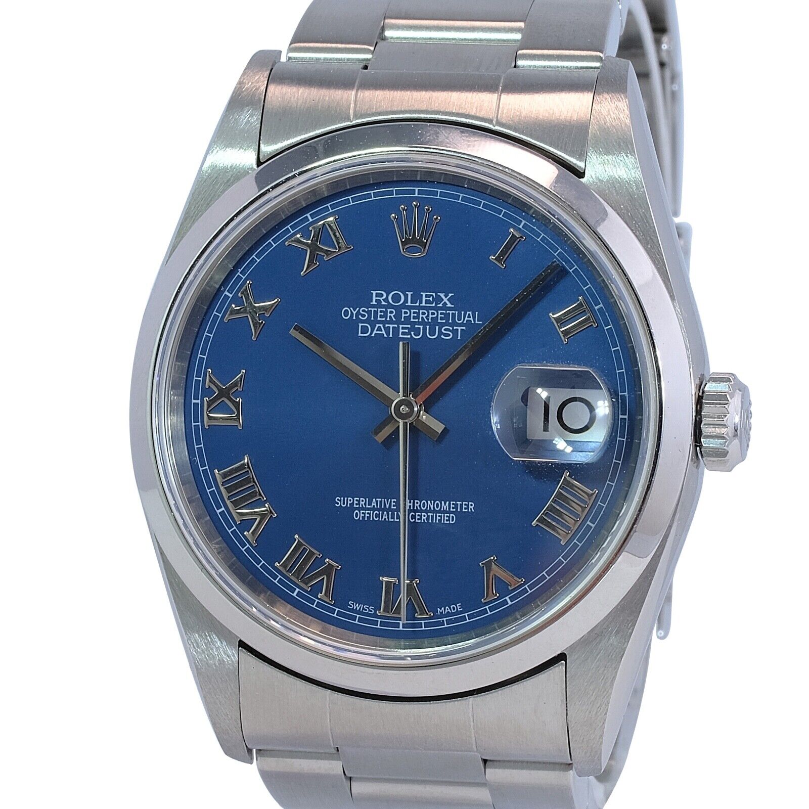 Rolex Mens Datejust 16200 Stainless Steel Blue Roman Oyster Band 36mm Watch - luxuriantconcierge