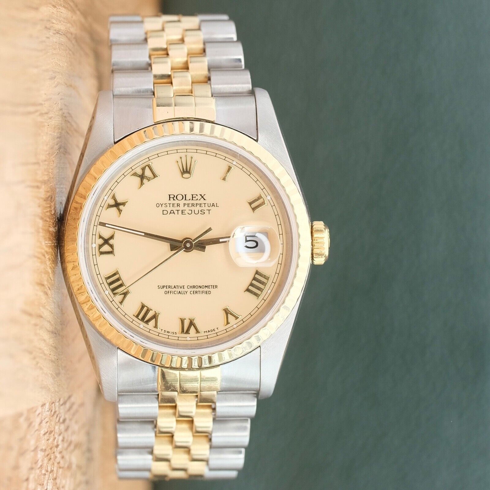 ROLEX DATEJUST IVORY ROMAN DIAL 18KY-STEEL JUBILEE 16233 BOX&PAPER - Luxuriant Concierge