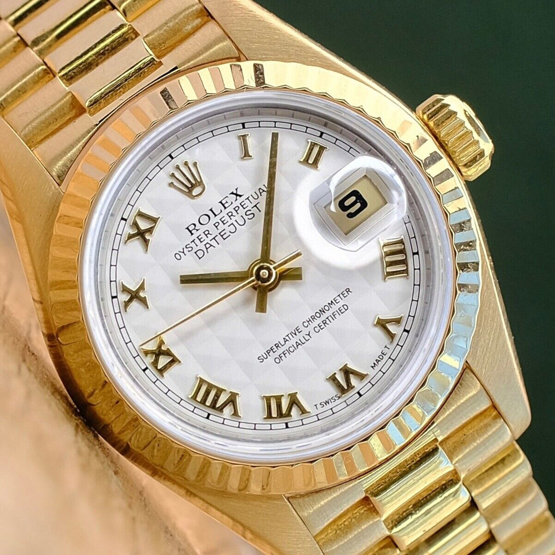 ROLEX DATEJUST CREAM PYRAMID ROMAN DIAL 18K YELLOW GOLD PRESIDENT 69178 - Luxuriant Concierge