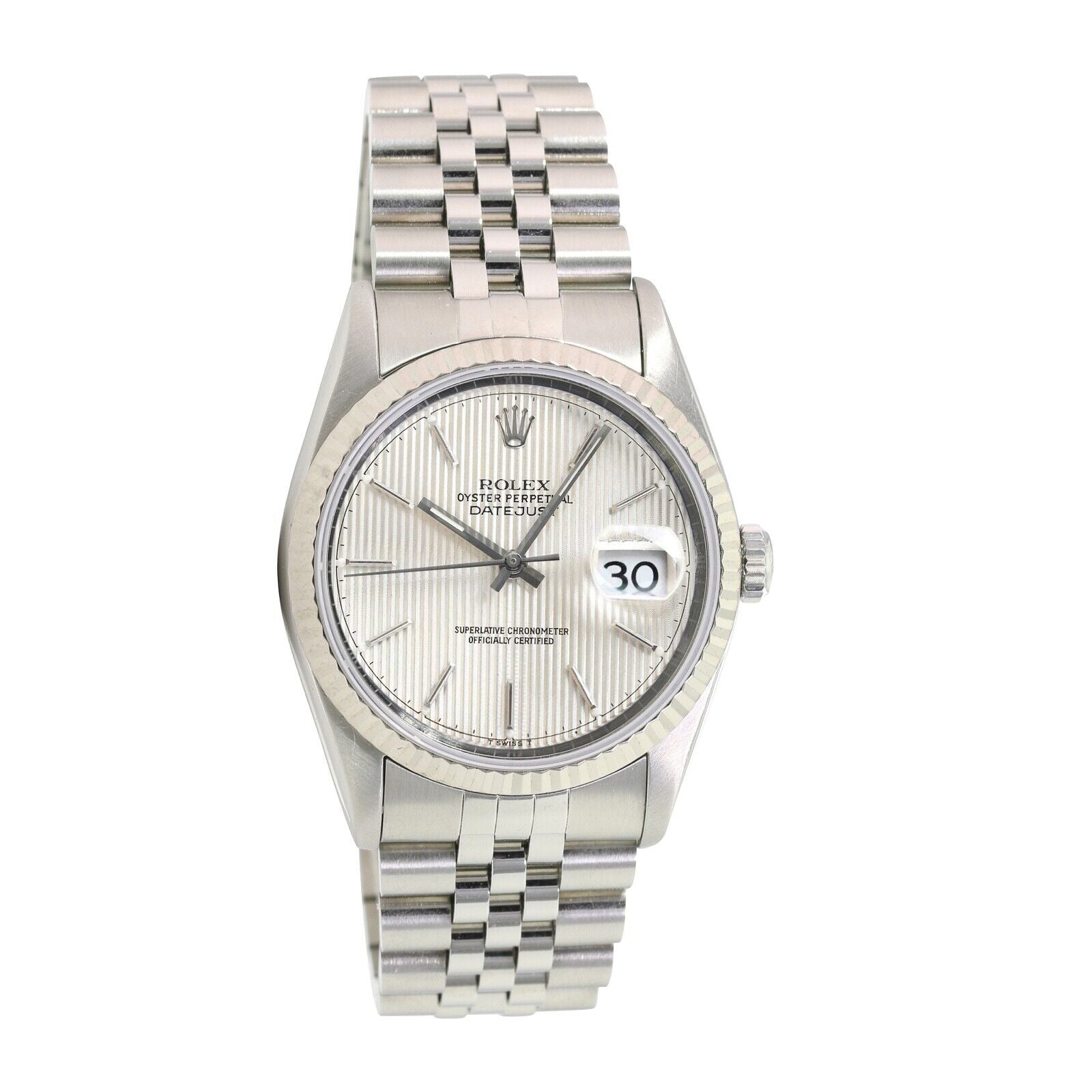 ROLEX DATEJUST SILVER TAPESTRY INDEX DIAL STEEL JUBILEE WATCH 16014 - Luxuriant Concierge