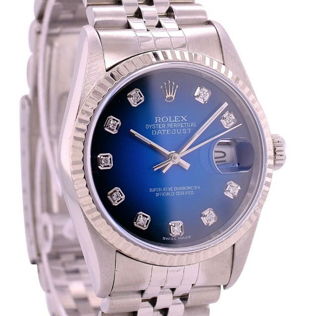 ROLEX DATEJUST RARE BLUE VIGNETTE DIAMOND DIAL JUBILEE 16220 BOX&PAPER - Luxuriant Concierge