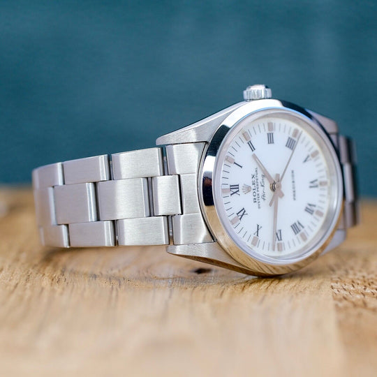 ROLEX AIR-KING WHITE INDEX ROMAN OYSTER BAND 14000 W/ BOX & PAPER - Luxuriant Watch Concierge