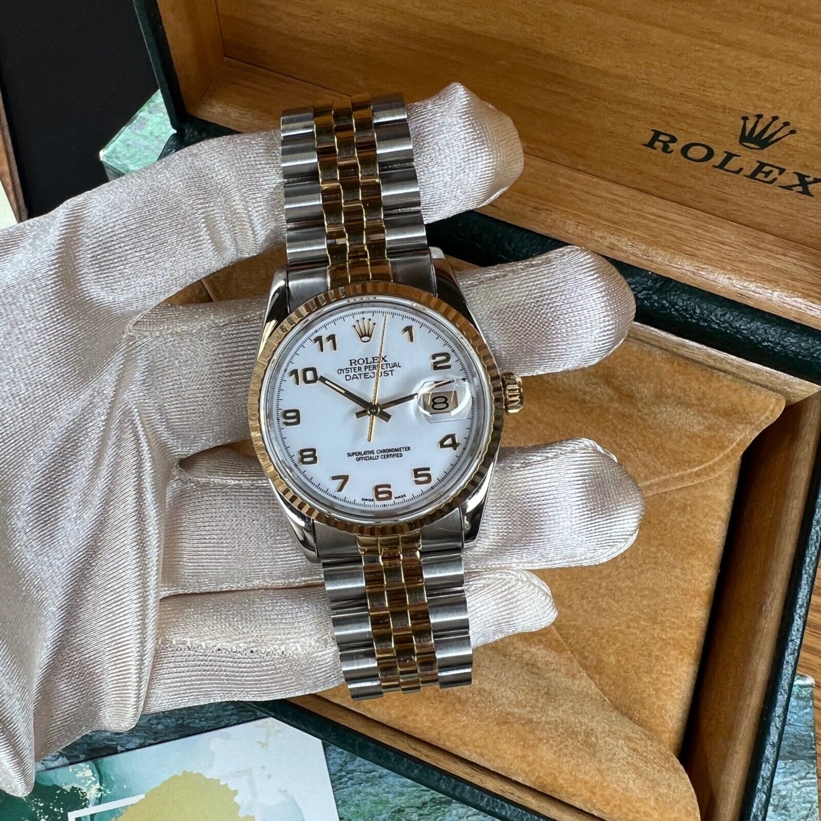 ROLEX DATEJUST WHITE ARABIC DIAL 18K GOLD & STEEL JUBILEE 16233 BOX&PAPER - Luxuriant Concierge