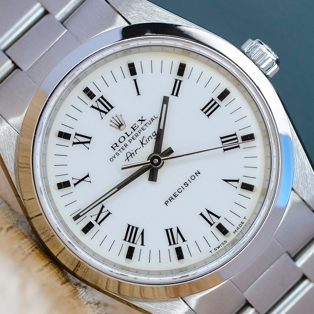 ROLEX AIR-KING WHITE INDEX ROMAN OYSTER BAND 14000 W/ BOX & PAPER - Luxuriant Watch Concierge