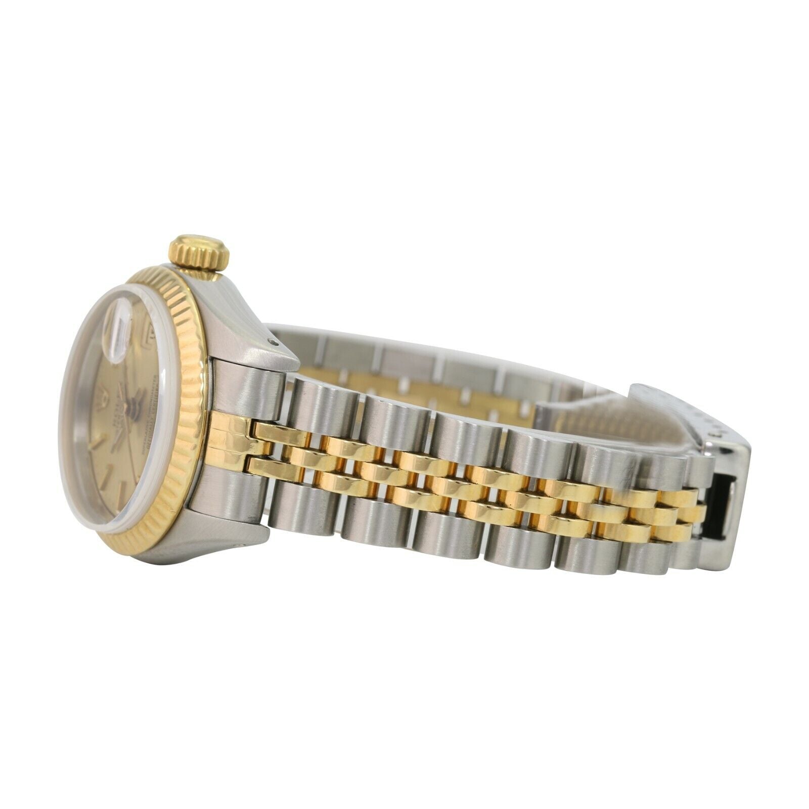 Rolex Datejust Ladies 18ky Gold & SS Champagne Dial Fluted Jubilee Watch 69173 - luxuriantconcierge