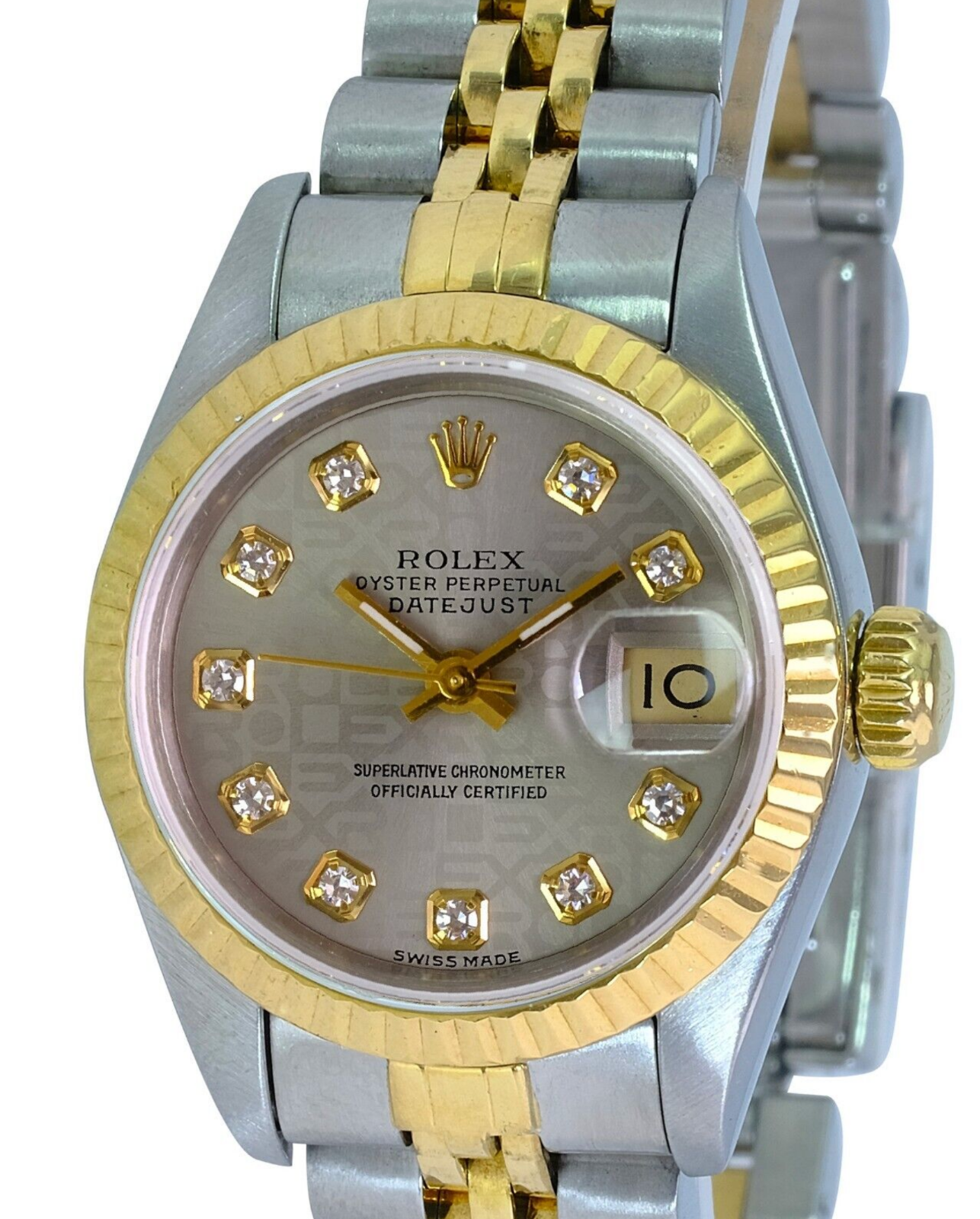 Rolex Lady Datejust 69173 Factory Grey Diamond Dial 18ky Fluted Bezel 26mm Watch - luxuriantconcierge