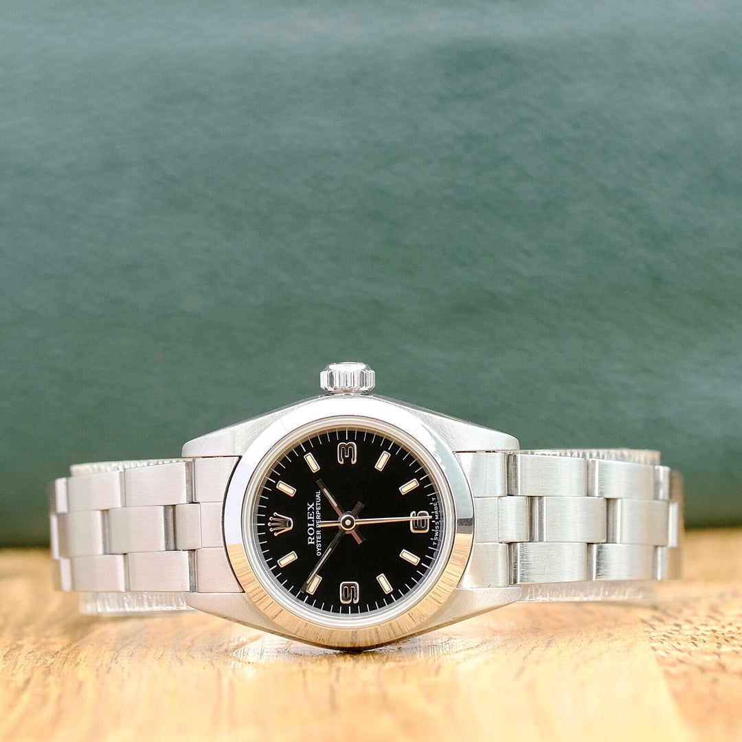 ROLEX OYSTER PERPETUAL BLACK INDEX-ARABIC DIAL STEEL OYSTER WATCH 76080 - Luxuriant Concierge