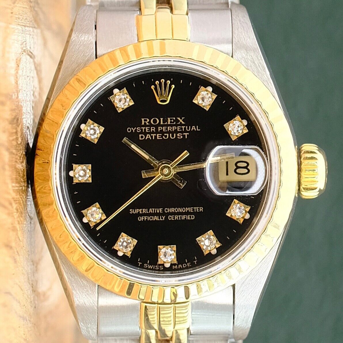 ROLEX DATEJUST BLACK DIAMOND DIAL 18K GOLD & STEEL JUBILEE WATCH 69173 - Luxuriant Concierge