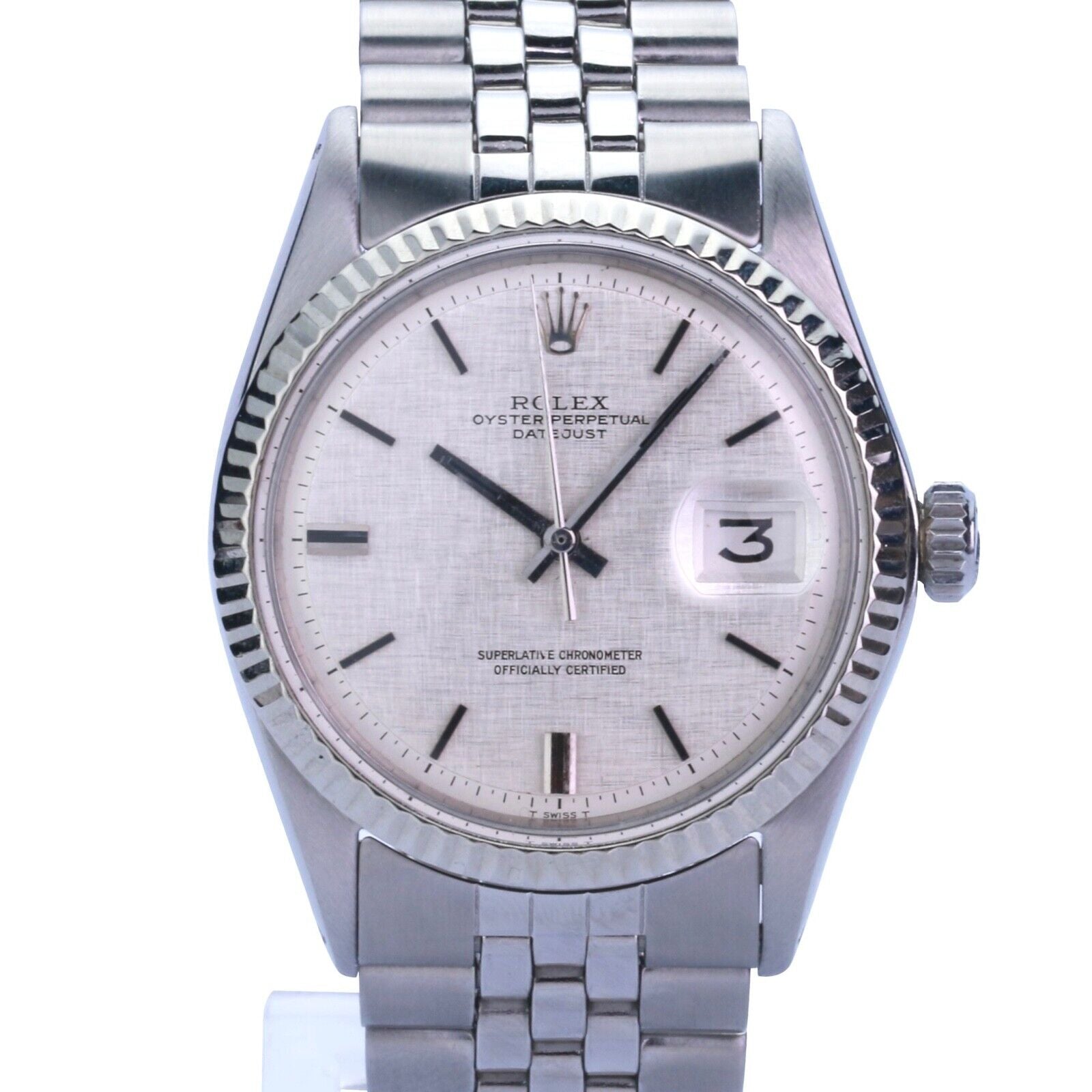 ROLEX DATEJUST SILVER LINEN INDEX DIAL STEEL JUBILEE WATCH 1601 - Luxuriant Concierge