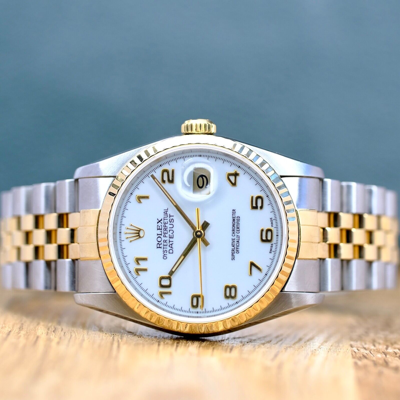 ROLEX DATEJUST WHITE ARABIC DIAL 18K GOLD & STEEL JUBILEE 16233 - Luxuriant Concierge