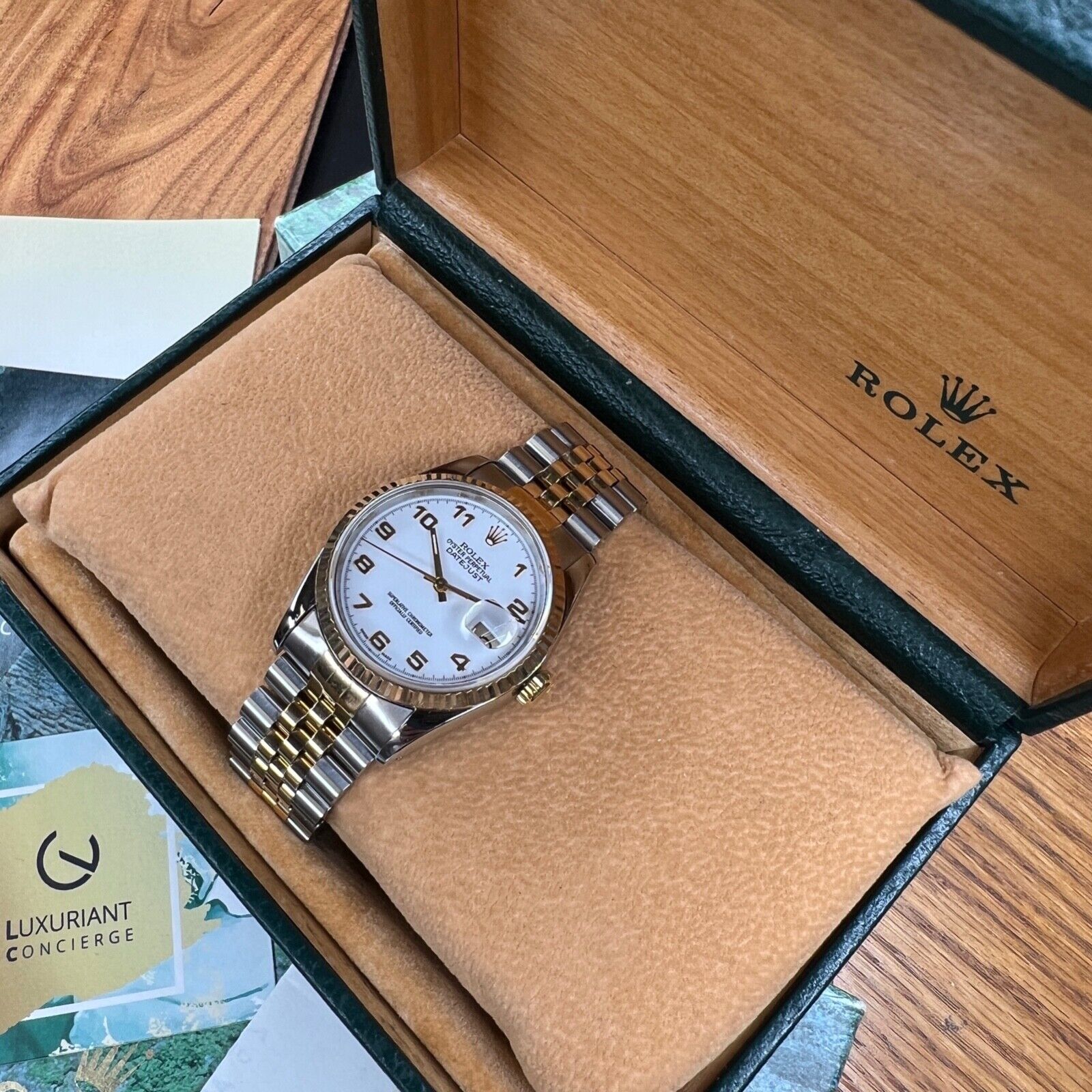 ROLEX DATEJUST WHITE ARABIC DIAL 18K GOLD & STEEL JUBILEE 16233 BOX&PAPER - Luxuriant Concierge