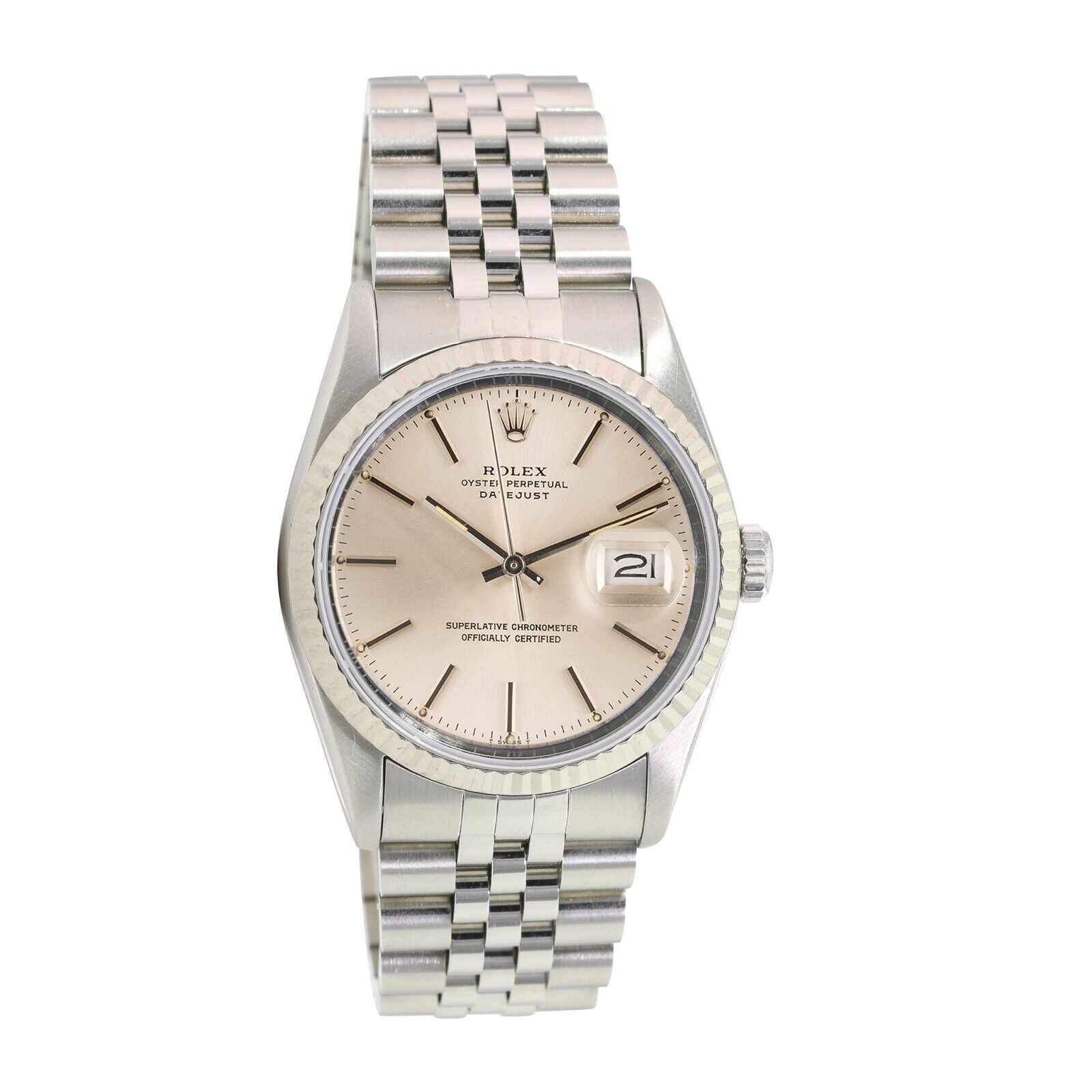 ROLEX DATEJUST SILVER INDEX DIAL STEEL JUBILEE WATCH 16014 - Luxuriant Concierge