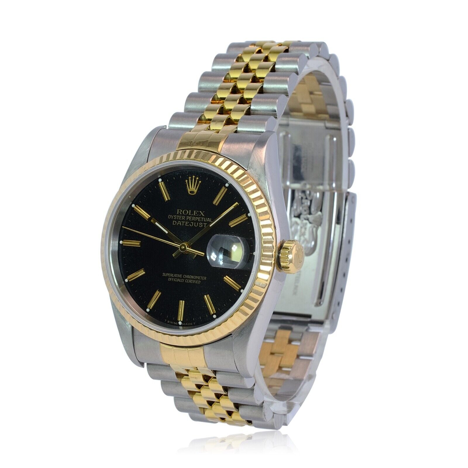 ROLEX DATEJUST BLACK ROMAN-INDEX DIAL 18K GOLD & STEEL JUBILEE 16233 - Luxuriant Concierge