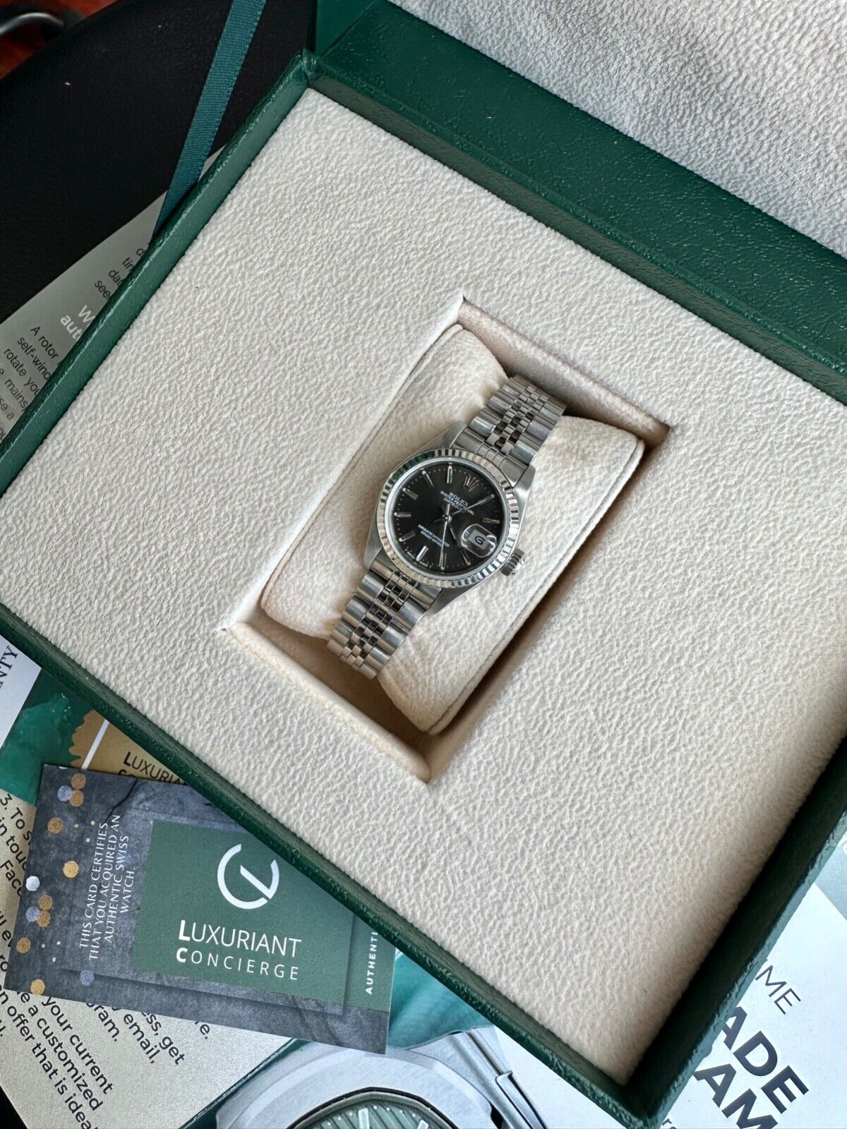 ROLEX DATEJUST GRAY INDEX DIAL STEEL JUBILEE WATCH 69174 BOX&PAPER - Luxuriant Concierge