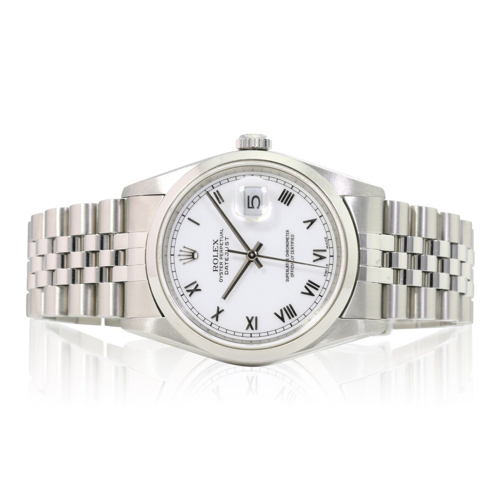 ROLEX DATEJUST WHITE SKINNY ROMAN DIAL JUBILEE WATCH 16200 BOX&PAPER - Luxuriant Concierge