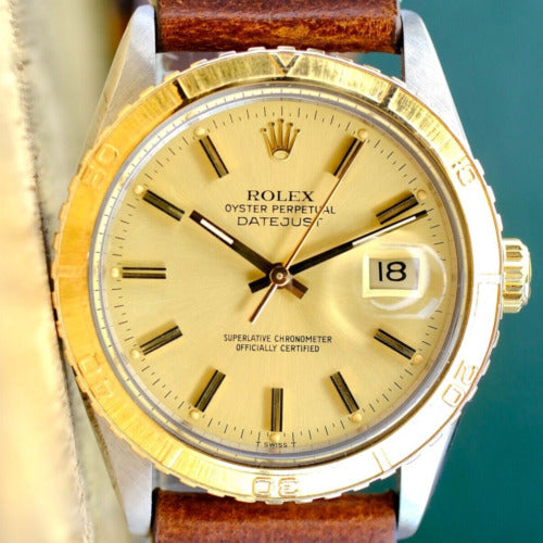 ROLEX DATEJUST CHAMPAGNE INDEX "FAT-BOY" DIAL DARK BROWN LEATHER 16253 - Luxuriant Concierge