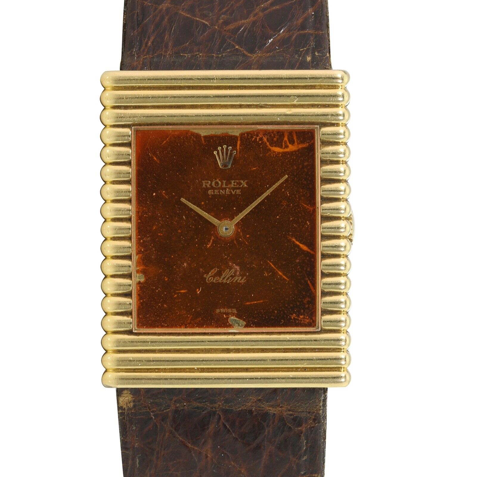 ROLEX CELLINI LADIES WATCH ORANGE DIAL YELLOW GOLD BROWN LEATHER - Luxuriant Concierge