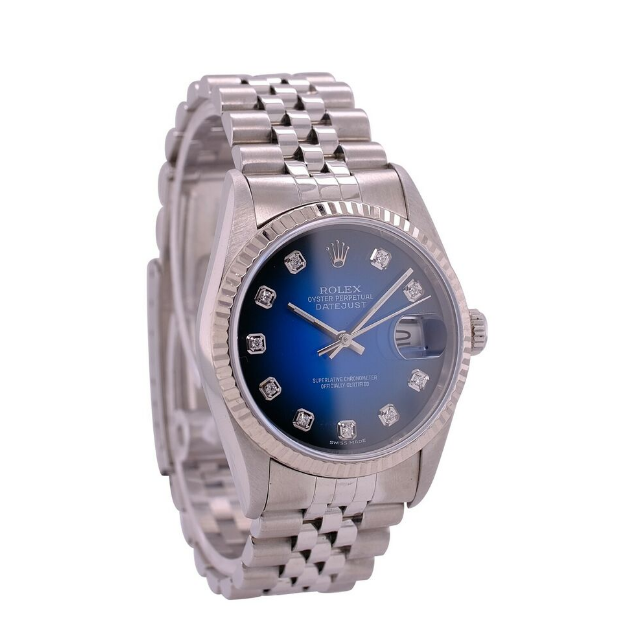 ROLEX DATEJUST RARE BLUE VIGNETTE DIAMOND DIAL JUBILEE 16220 BOX&PAPER - Luxuriant Concierge