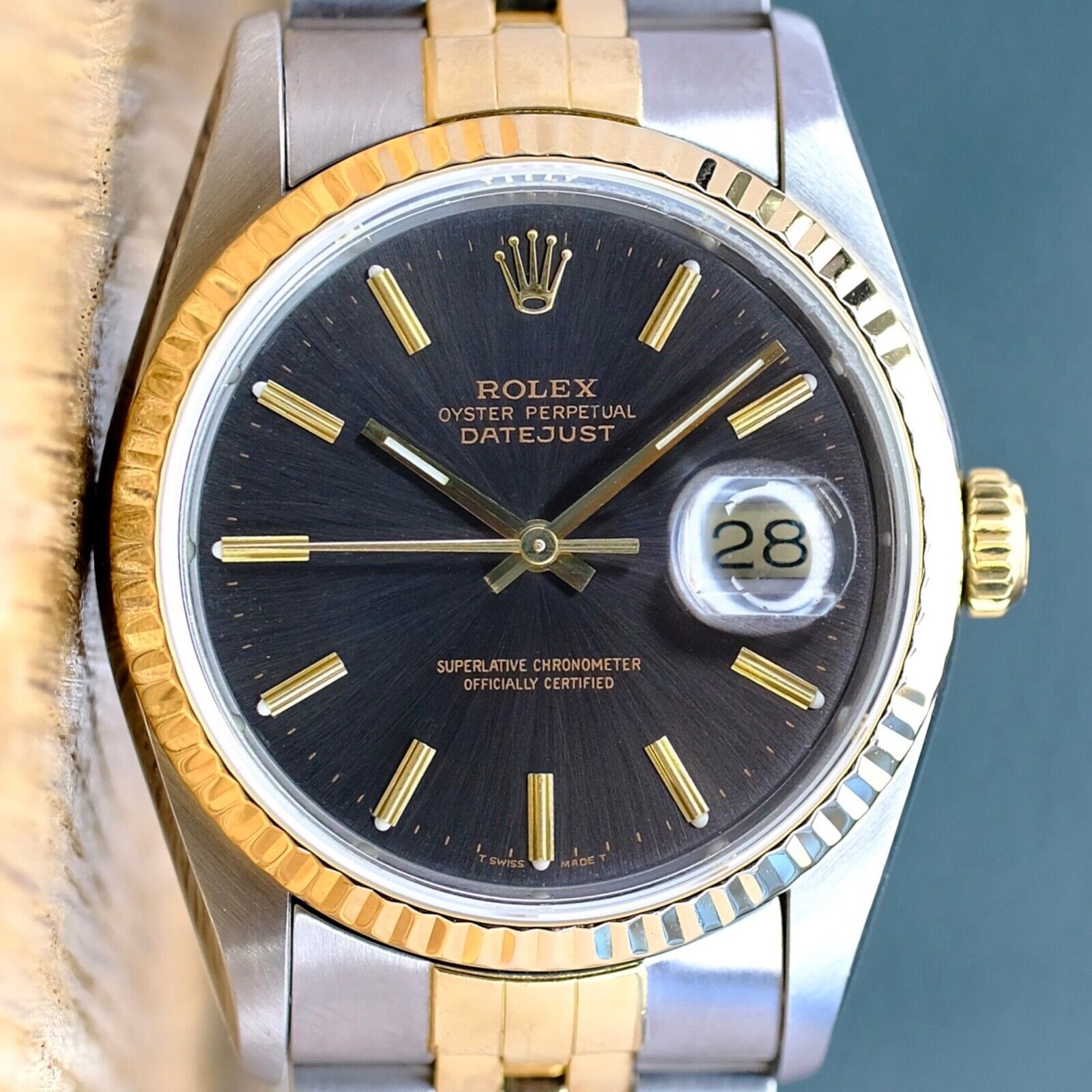 ROLEX DATEJUST RARE BLACK-GRAY DIAL GOLD & STEEL JUBILEE 16233 BOX&PAPER - Luxuriant Concierge