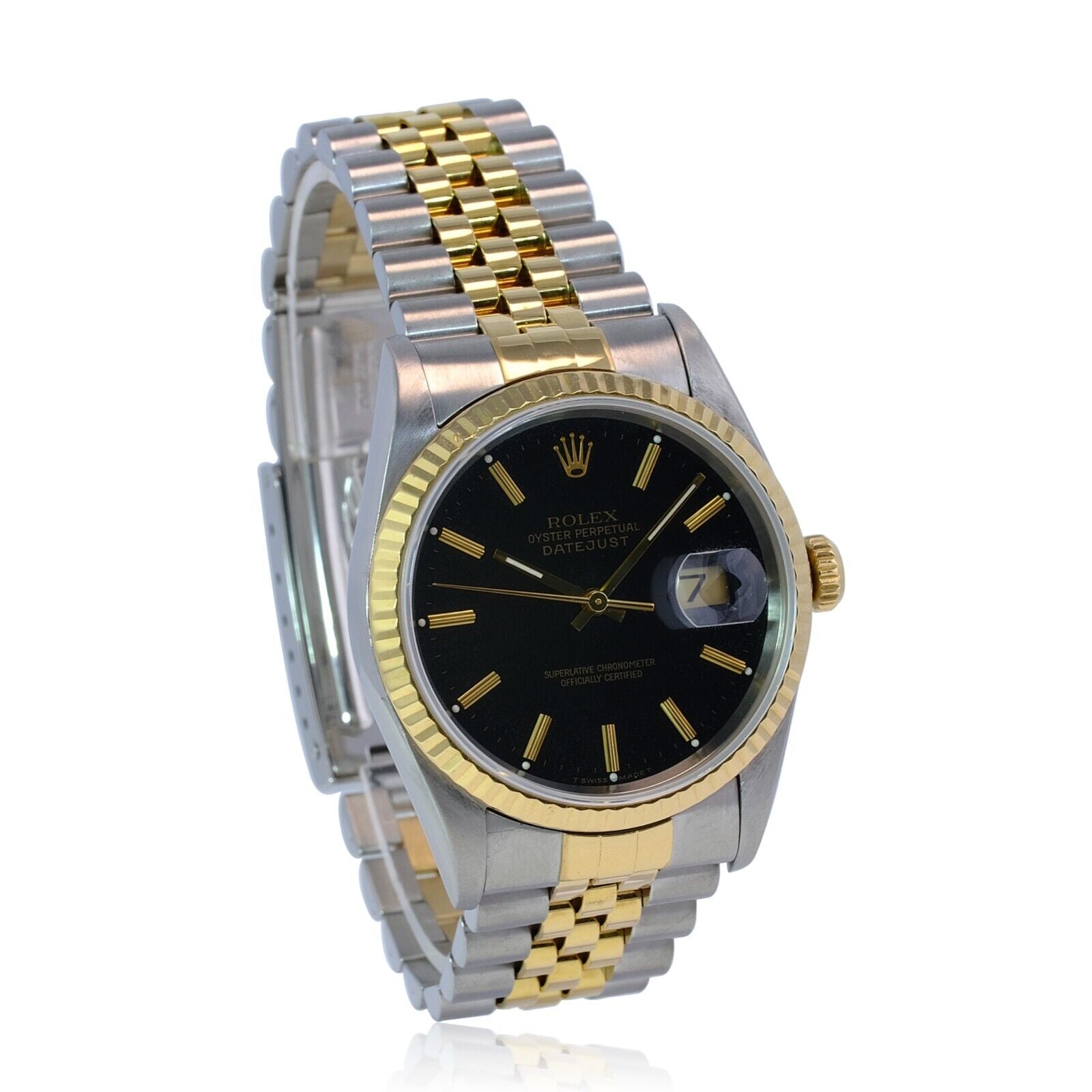 ROLEX DATEJUST BLACK ROMAN-INDEX DIAL 18K GOLD & STEEL JUBILEE 16233 - Luxuriant Concierge