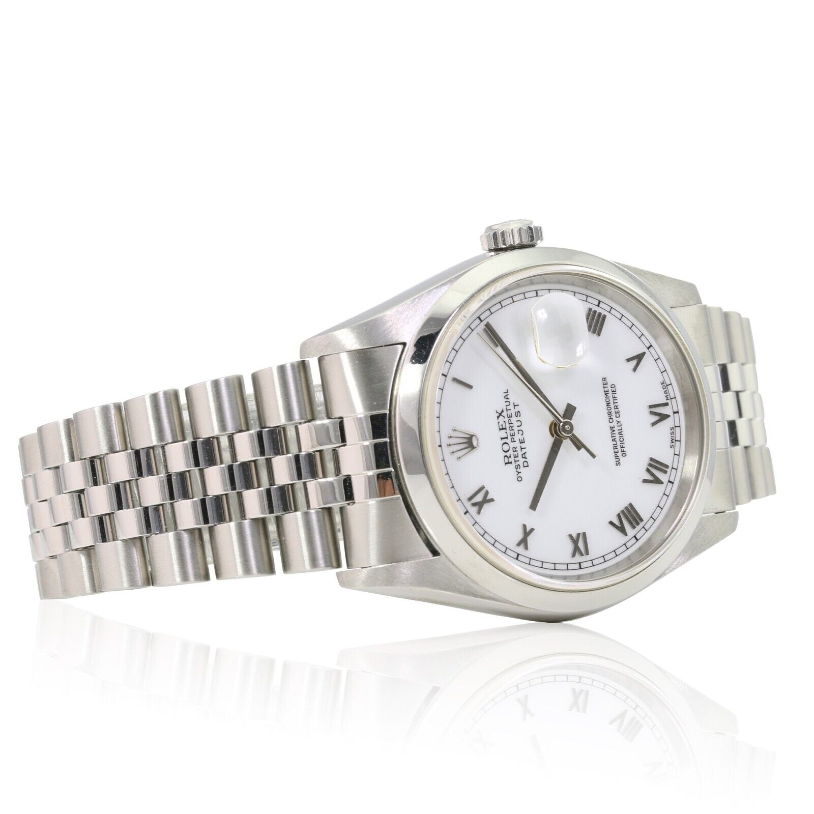 ROLEX DATEJUST WHITE SKINNY ROMAN DIAL JUBILEE WATCH 16200 BOX&PAPER - Luxuriant Concierge