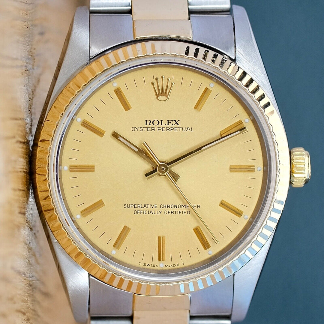 ROLEX OYSTER PERPETUAL CHAMPAGNE INDEX DIAL 18KY & STEEL OYSTER WATCH 14233 - Luxuriant Concierge
