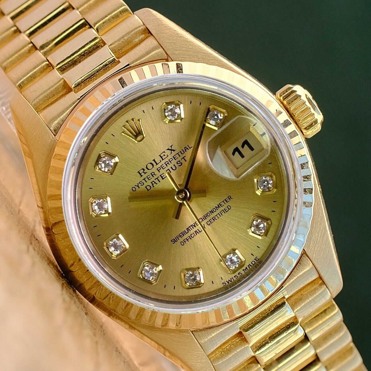 ROLEX DATEJUST CHAMPAGNE ROMAN DIAL 18K YELLOW GOLD PRESIDENT 69178 - Luxuriant Concierge