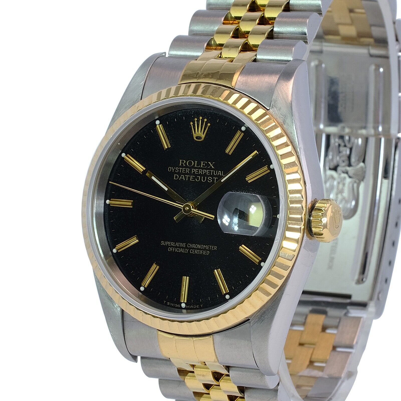 ROLEX DATEJUST BLACK INDEX DIAL 18KY & STEEL JUBILEE 16233 BOX&PAPER - Luxuriant Concierge