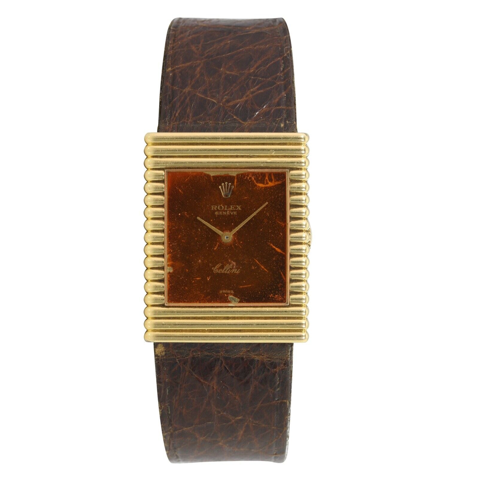 ROLEX CELLINI LADIES WATCH ORANGE DIAL YELLOW GOLD BROWN LEATHER - Luxuriant Concierge