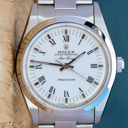 ROLEX AIR-KING WHITE INDEX ROMAN OYSTER BAND 14000 W/ BOX & PAPER - Luxuriant Watch Concierge