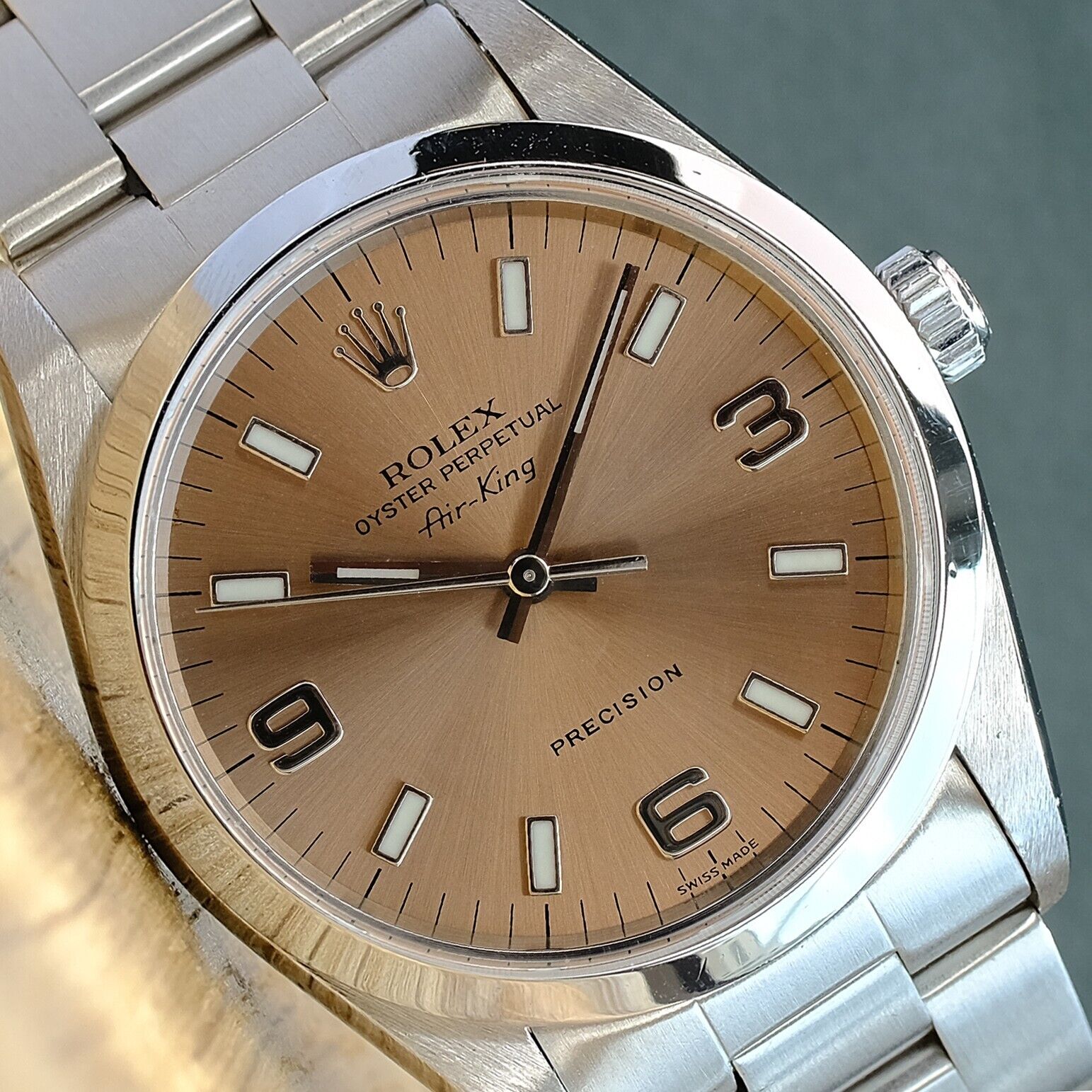 ROLEX AIR-KING SALMON ARABIC-INDEX OYSTER BAND 14000 W/ BOX & PAPER - Luxuriant Watch Concierge