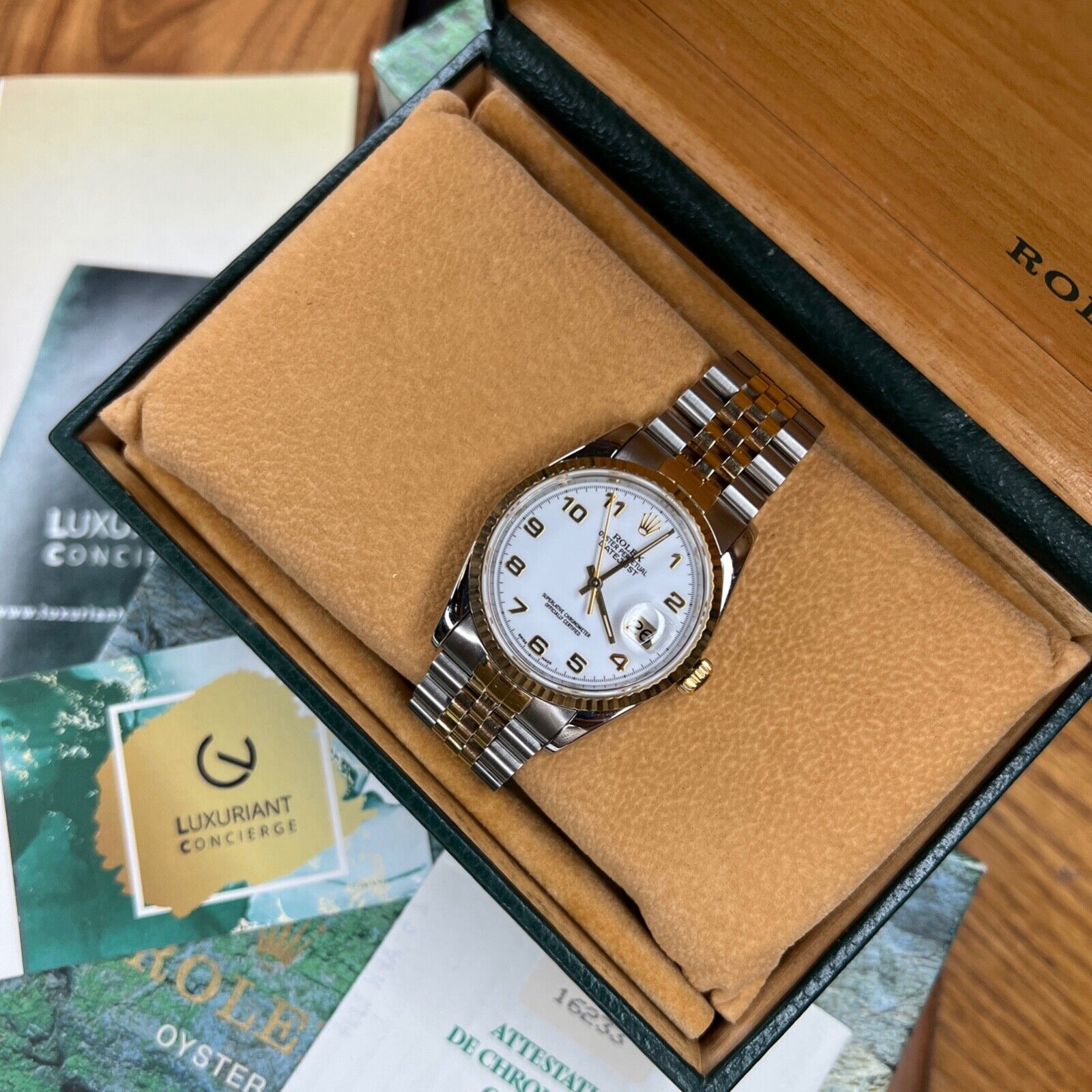 ROLEX DATEJUST WHITE ARABIC DIAL 18K GOLD & STEEL JUBILEE 16233 BOX&PAPER - Luxuriant Concierge