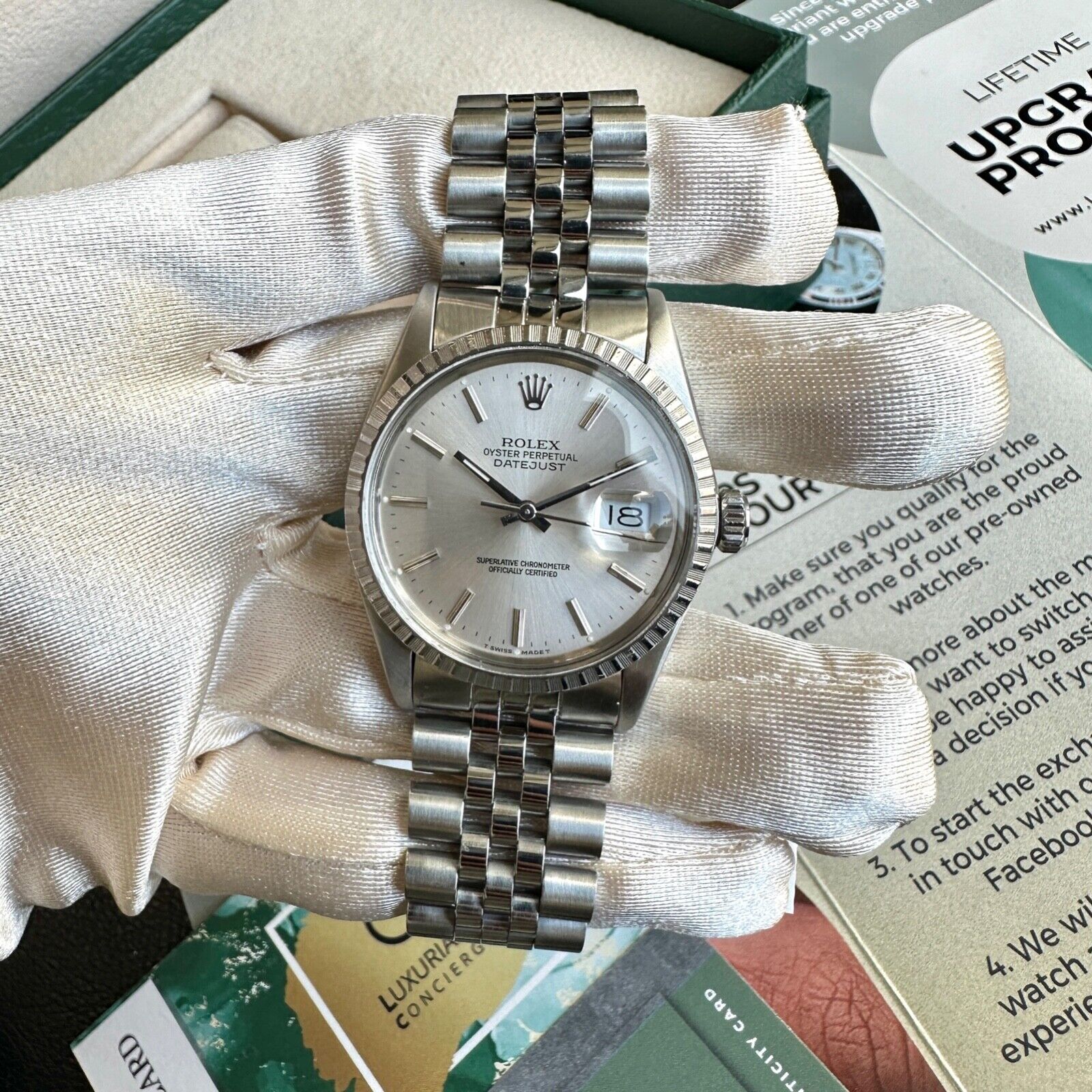 ROLEX DATEJUST SILVER INDEX DIAL JUBILEE WATCH 16030 - Luxuriant Concierge