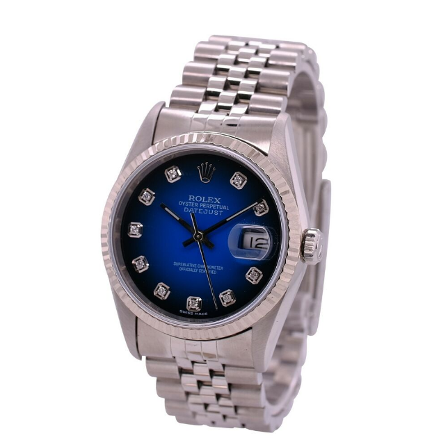 ROLEX DATEJUST RARE BLUE VIGNETTE DIAMOND DIAL JUBILEE 16220 BOX&PAPER - Luxuriant Concierge