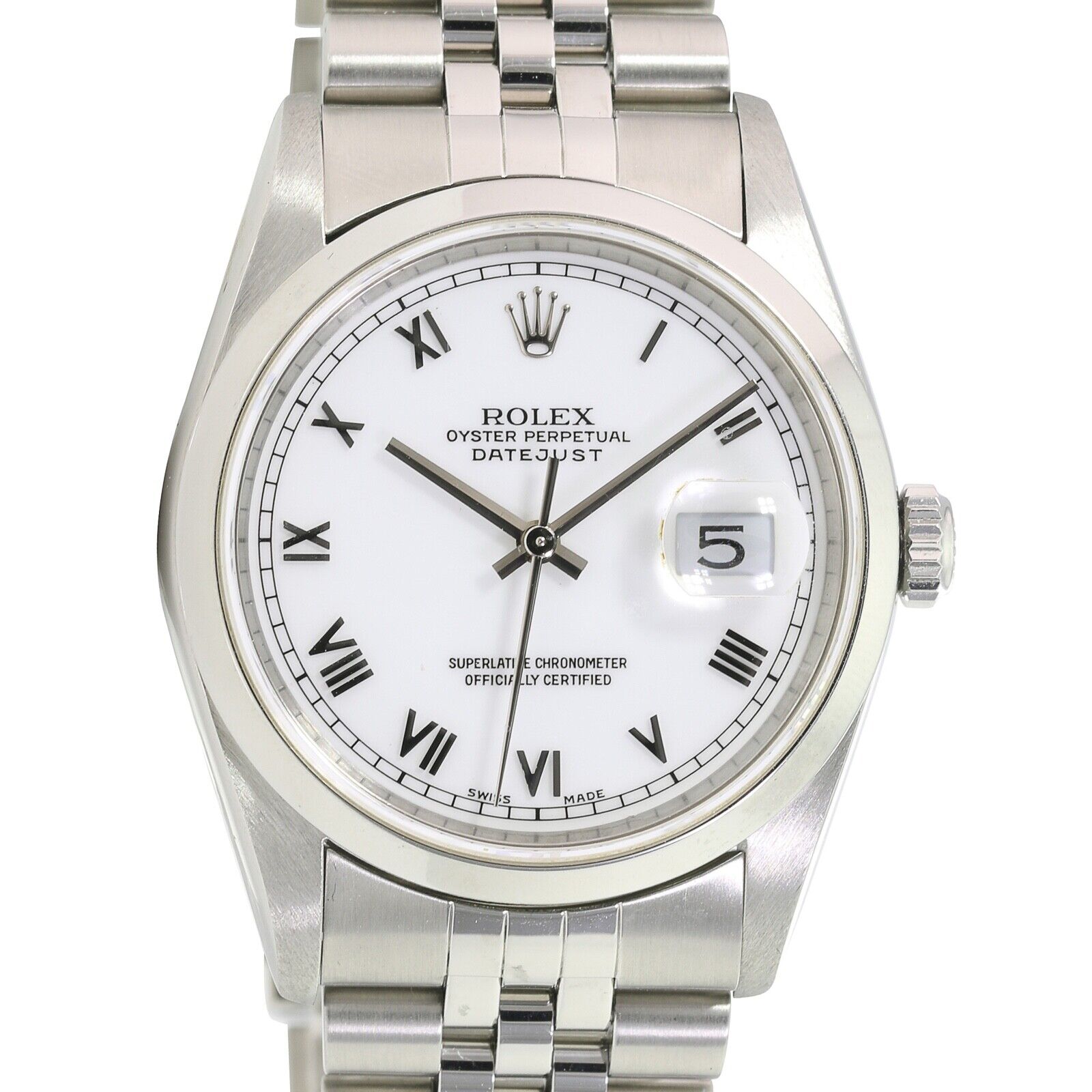 ROLEX DATEJUST WHITE SKINNY ROMAN DIAL JUBILEE WATCH 16200 BOX&PAPER - Luxuriant Concierge