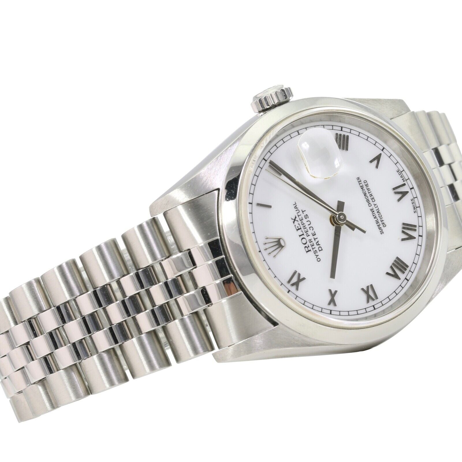 ROLEX DATEJUST WHITE SKINNY ROMAN DIAL JUBILEE WATCH 16200 BOX&PAPER - Luxuriant Concierge