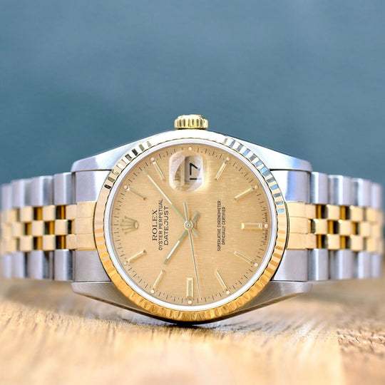 ROLEX DATEJUST CHAMPAGNE INDEX DIAL 18K GOLD & STEEL JUBILEE 16233 - Luxuriant Concierge